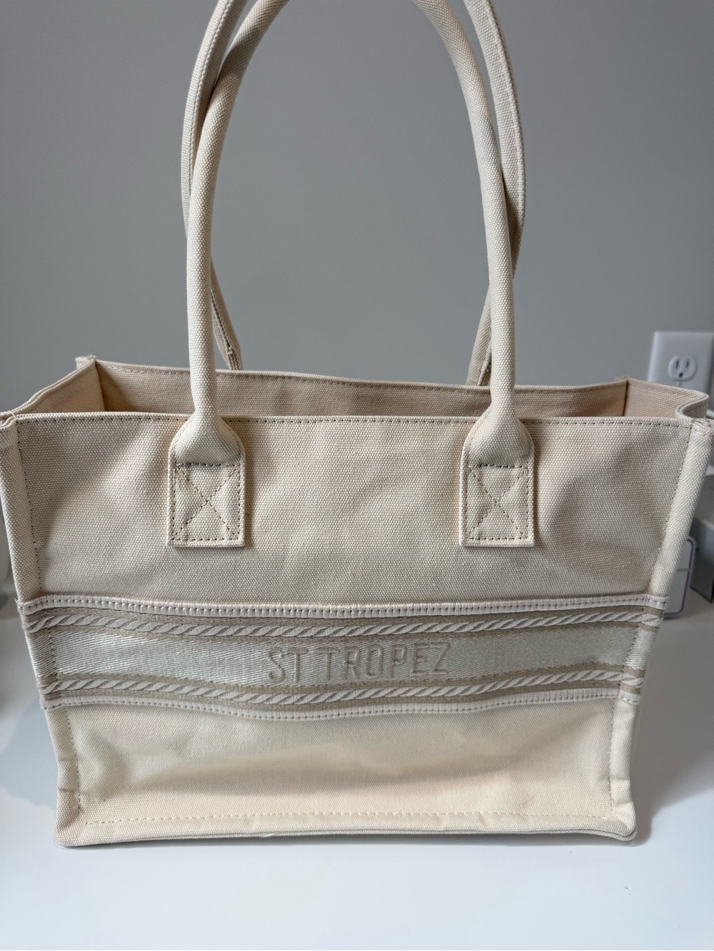 a new day St. Tropez Cream Canvas Tote with Embroidered Logo